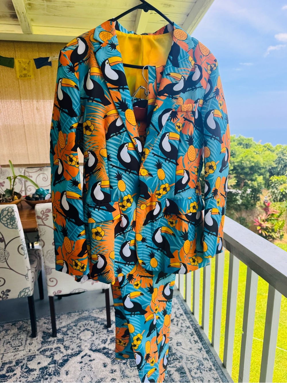Men’s Tropical Toucan Party Blazer & Pants Set - Teal & Orange US 38-40 (M/L)